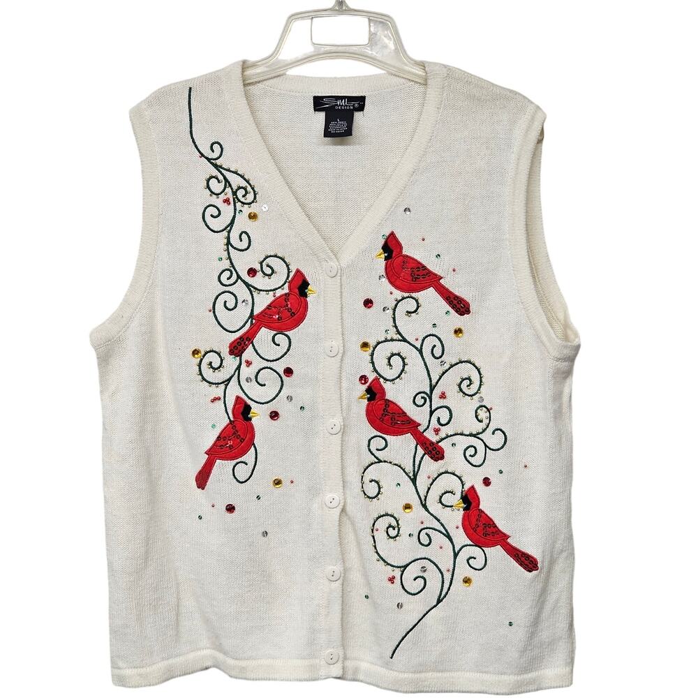 Vintage 90'S SML Design Embroidered Sweater Vest White Women's Large Outerwear
